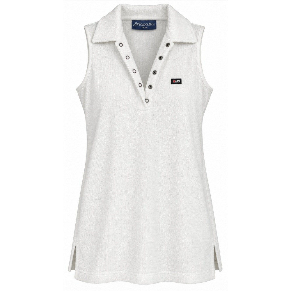 St. John's Bay Swim Coverup Women M White Terry Weave Snap V-Neck Sleeveless